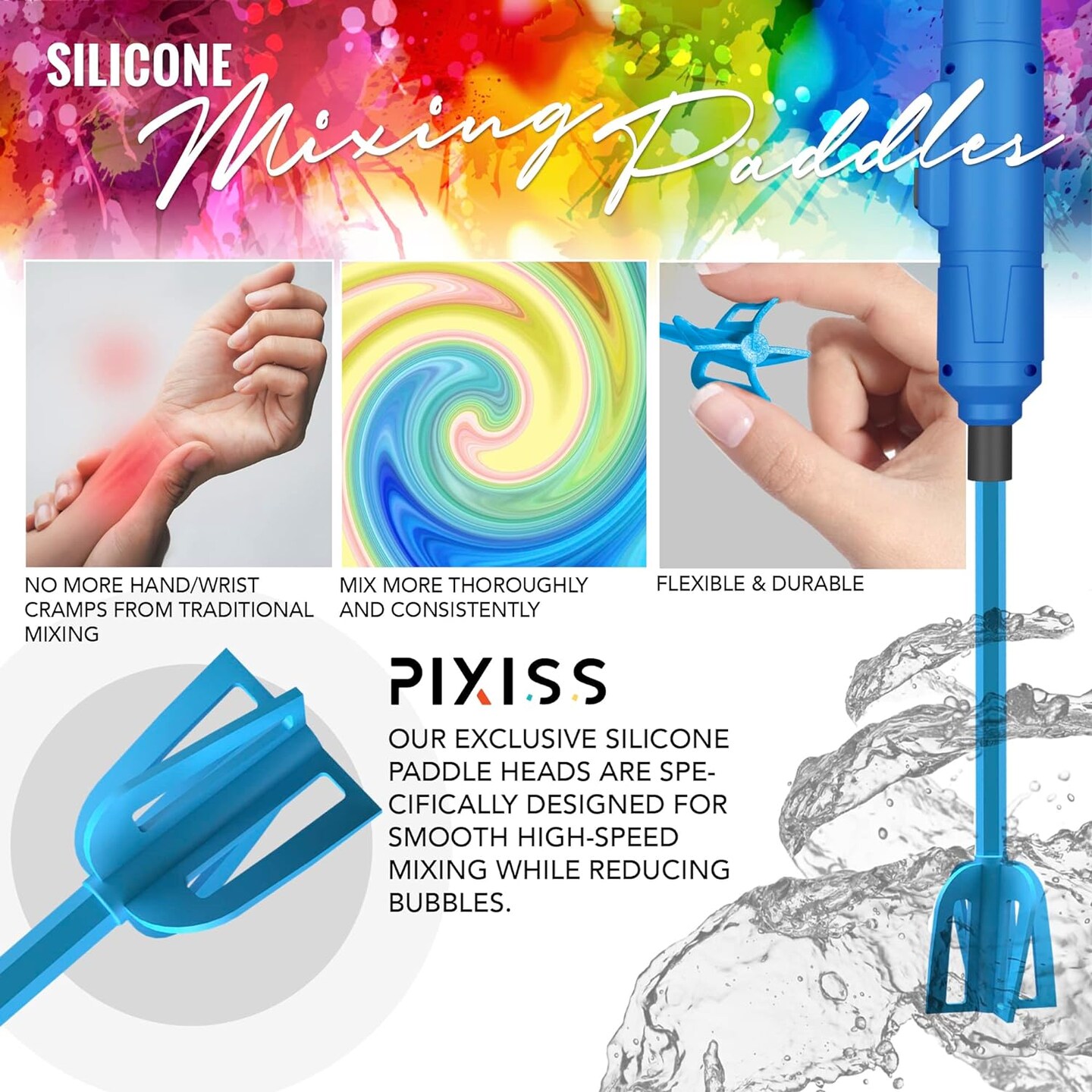 Epoxy Resin Mixer Silicone Paddles - 6 Reusable Pixiss Multipurpose Bidirectional Paint Stirrer for Drill Epoxy & Paint Mixer Drill Attachment - Paint Stirrers Epoxy Stirrer - Paint Mixer for Drill