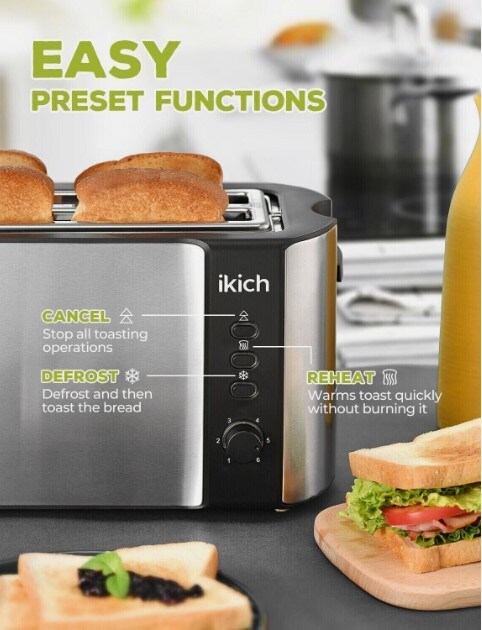 IKICH 4-Slice Extra Long Slot Toaster with Reheat Warming Rack and 6 Browning Controls