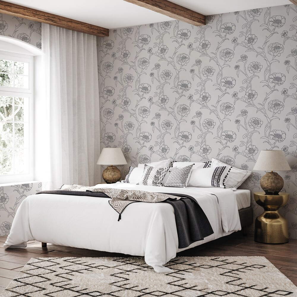 Tempaper Peonies Peel and Stick Wallpaper White/Metallic Black