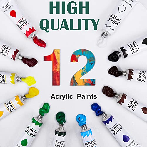 Acrylic Painting Set with 1 Packs / 10 PCS Nylon Hair Brushes 12 Color Tubes (12ml, 0.4 oz) 1 PCS Paint Plate and 4 PCS Canvas for Acrylic Painting Artist Professional Kits