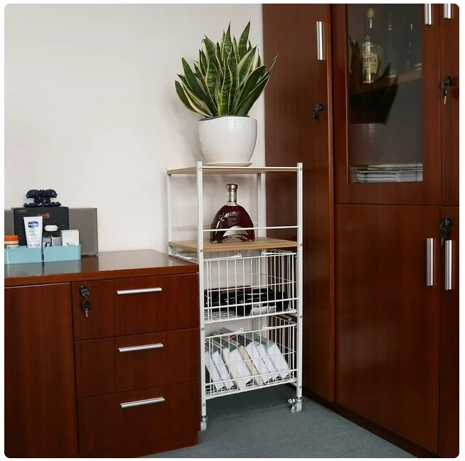 Rolling Utility Cart Pantry Unit with Wheels White Kitchen Shelves Storage Basket