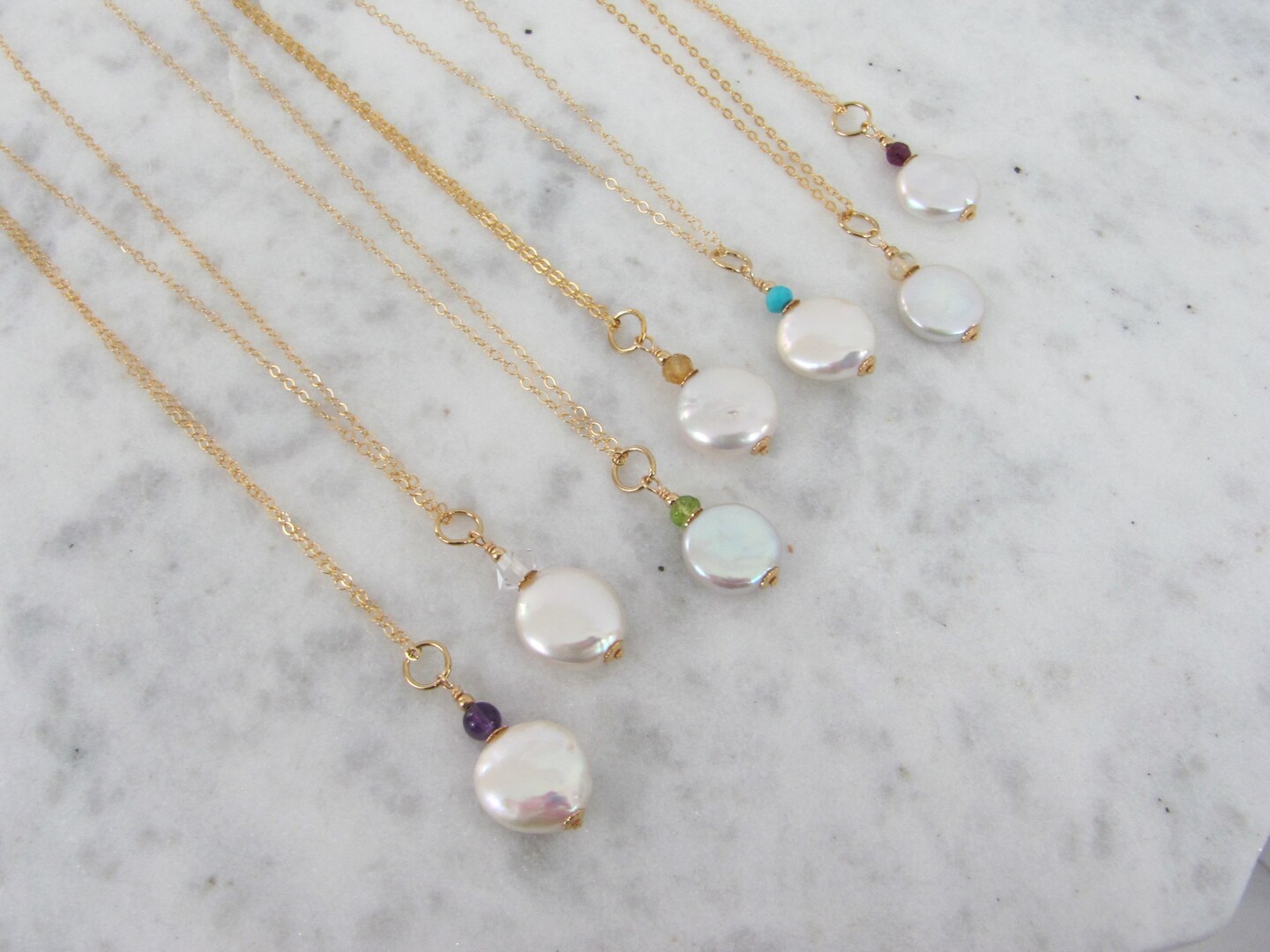 Personalized Coin Pearl Necklace, 14K Gold Filled Birthstone Necklace