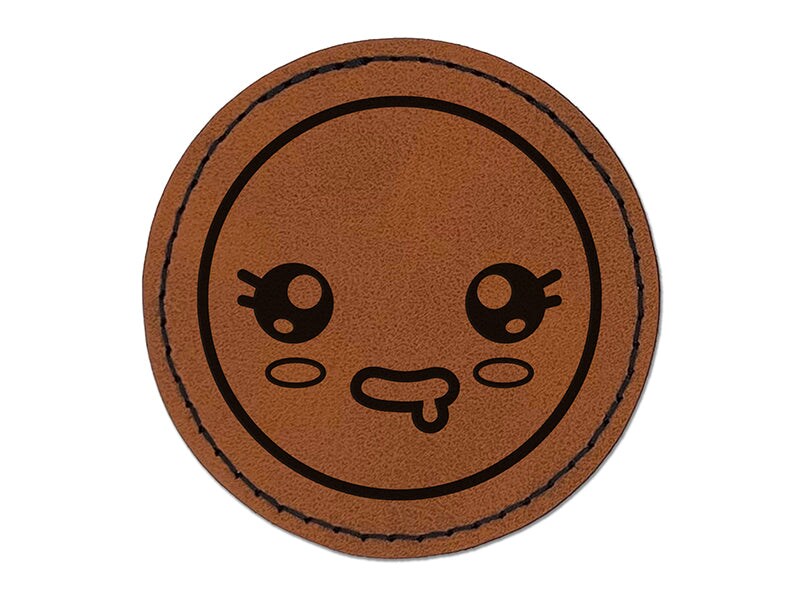 Kawaii Cute Sparkly Eyes Drool Face Round Iron-On Engraved Faux Leather Patch Applique - 2.5&#x22;