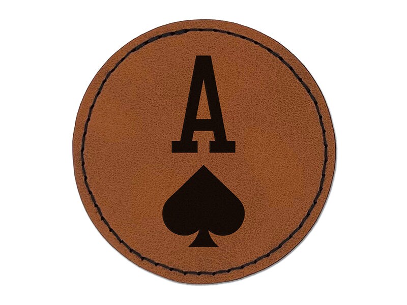 Ace of Spades Card Suit Round Iron-On Engraved Faux Leather Patch Applique - 2.5&#x22;
