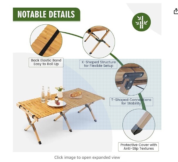 Portable 4ft Roll Up Camping Table with Storage Bag, for 4-6 People, Low Height Foldable Bamboo Bench Table, for Indoor &#x26; Outdoor Party, BBQ, and Hiking (Natural)