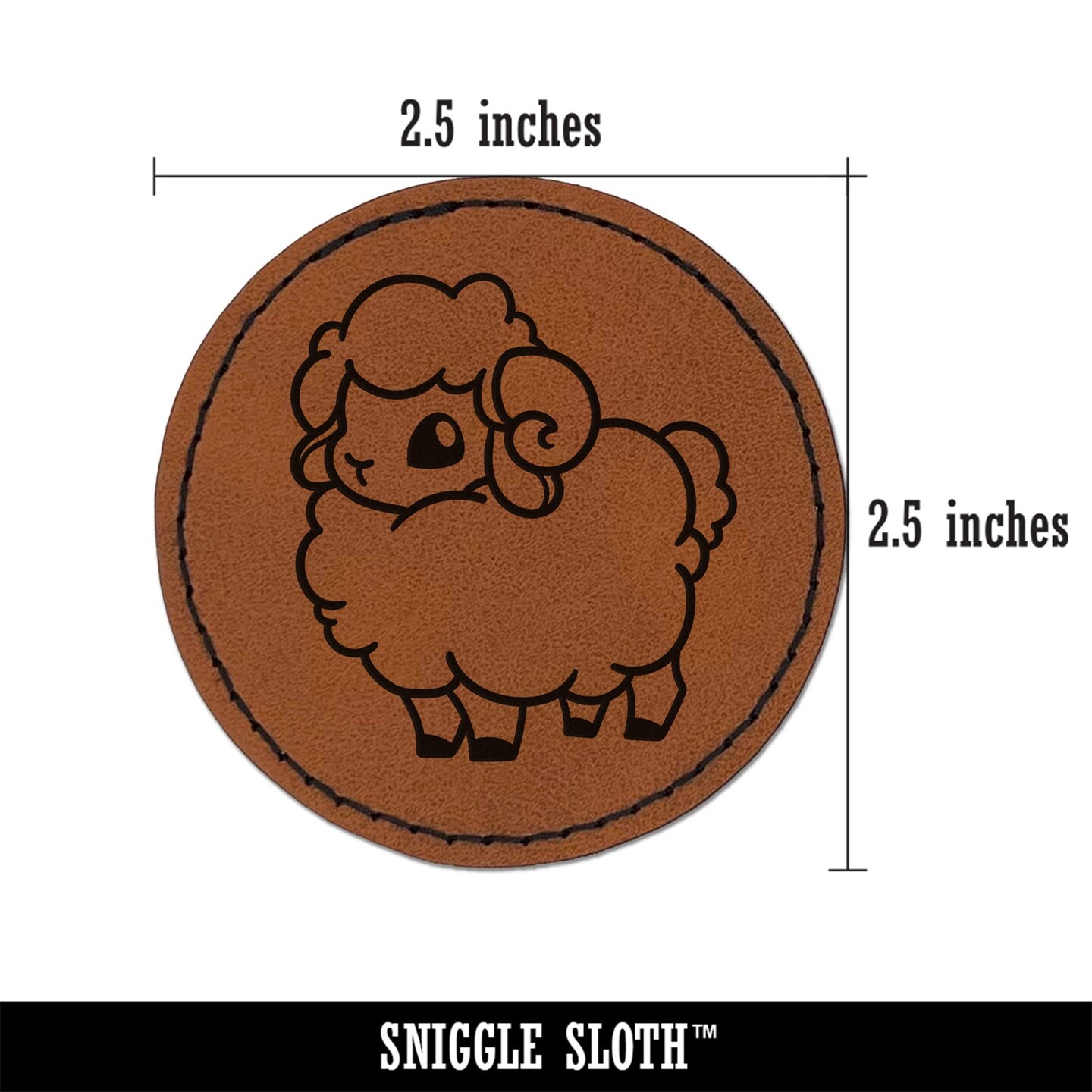 Fluffy Ram Cute Round Iron-On Engraved Faux Leather Patch Applique - 2.5"
