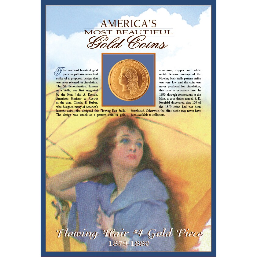 Tribute to America&#x27;s Most Beautiful Coins - Flowing Hair $4 Gold Piece 1879-1880 Replica Coin