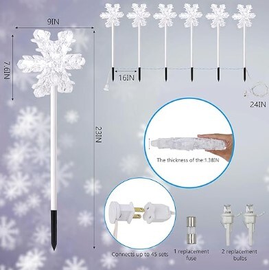 Pack of 5 Upgrade Outdoor Snowflake Christmas Pathway Lights, 9" x 23" Large Snowflake Lights Pathway Marker, Plug in & Connectable Decorative Lights with Stakes for Walkway Patio Yard Decor