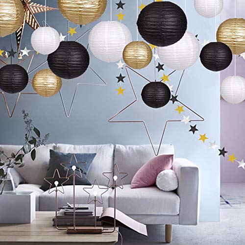 15 Pieces Paper Lanterns Decorative, Round Hanging Paper Lanterns Decorations for Wedding Graduation Anniversary Birthday Party Supplies Black/Gold/White
