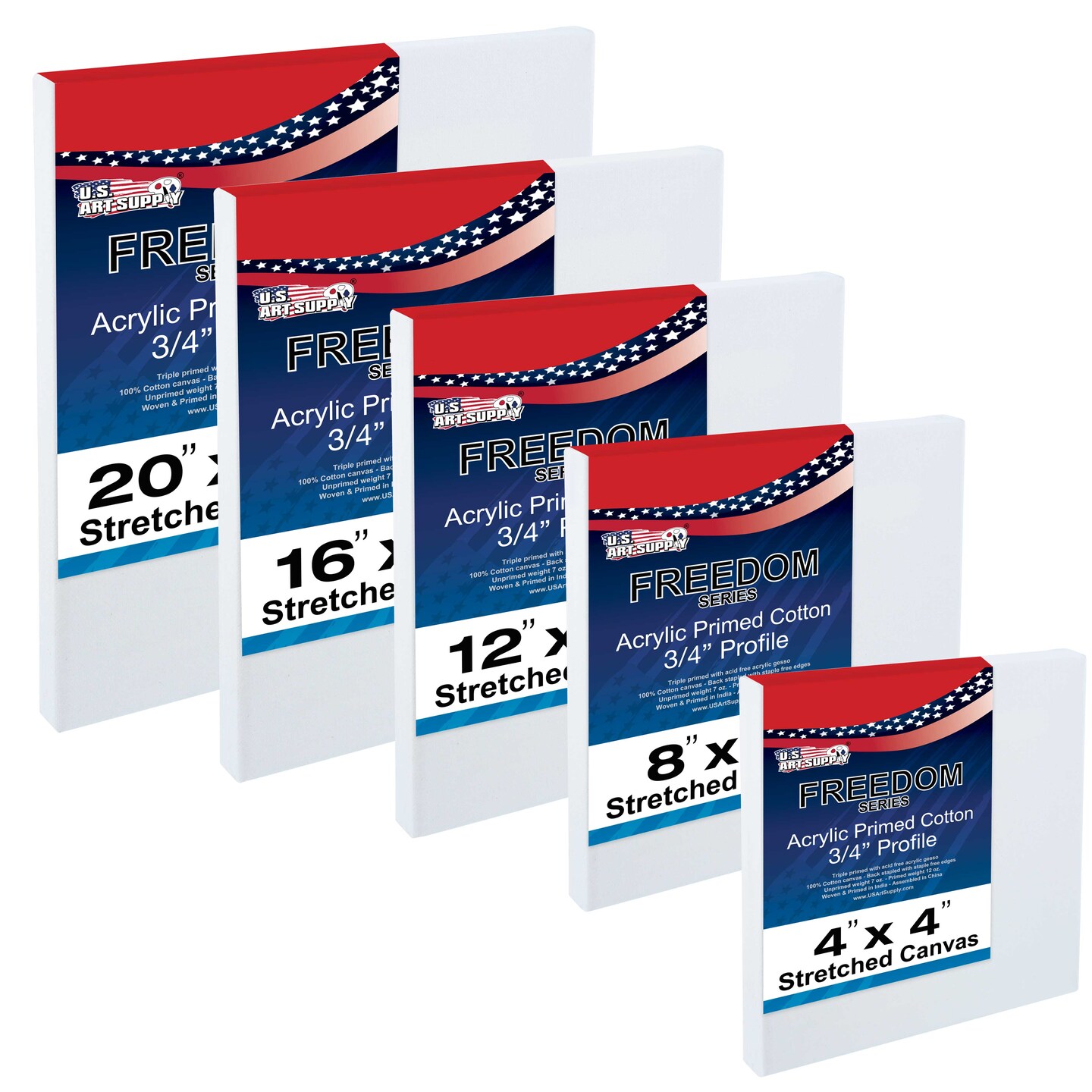5 Assorted Square Sized Stretched Artist Paint Canvases (5 Pack) 1-each of  20x20, 16x16, 12x12, 8x8, 4x4