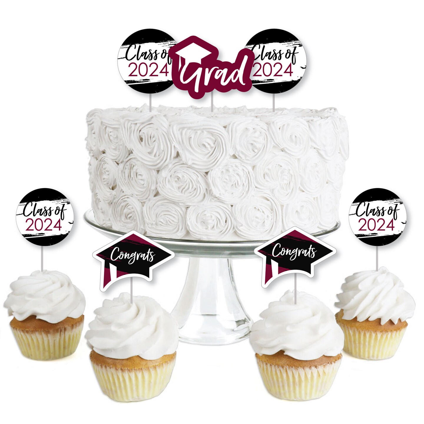 Big Dot of Happiness Maroon 2024 Graduation Party - Dessert Cupcake Toppers - Clear Treat Picks - Set of 24