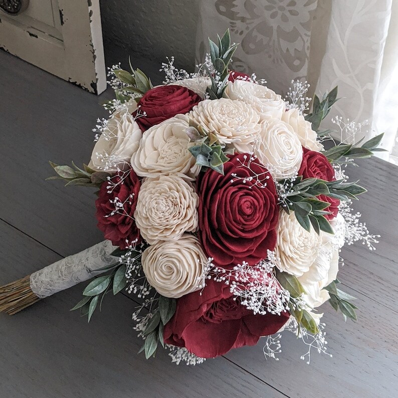 Wine and Ivory Sola Wood Flower Bouquet with Baby's Breath and Greenery