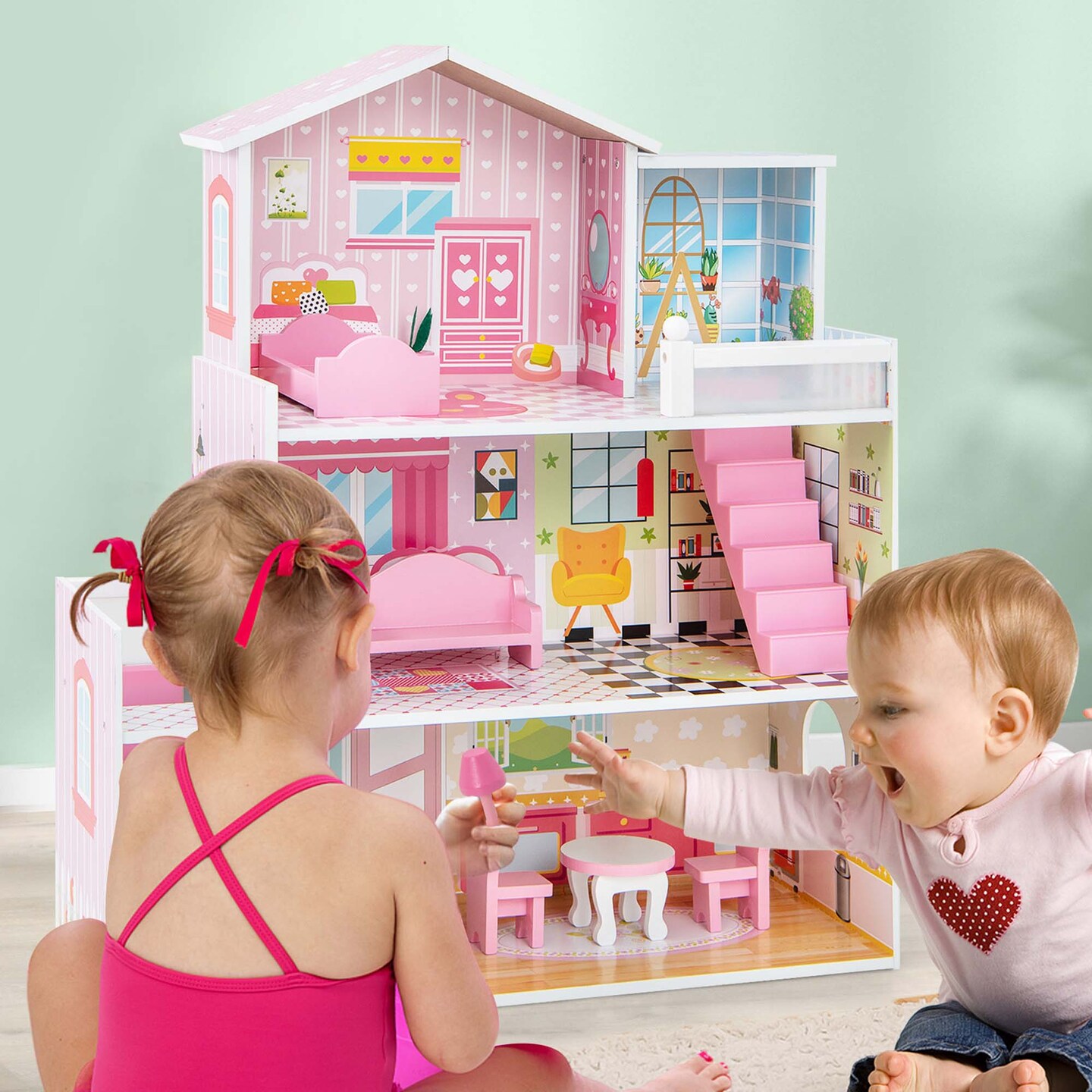 Costway Kids Wooden Dollhouse Playset with 5 Simulated Rooms &#x26; 10 Pieces of Furniture