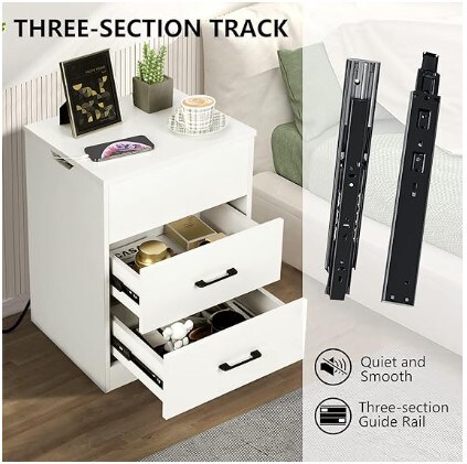 Lift Top Bedside Table/Modern End Table with 2 Drawers for Bedroom Living Room, White