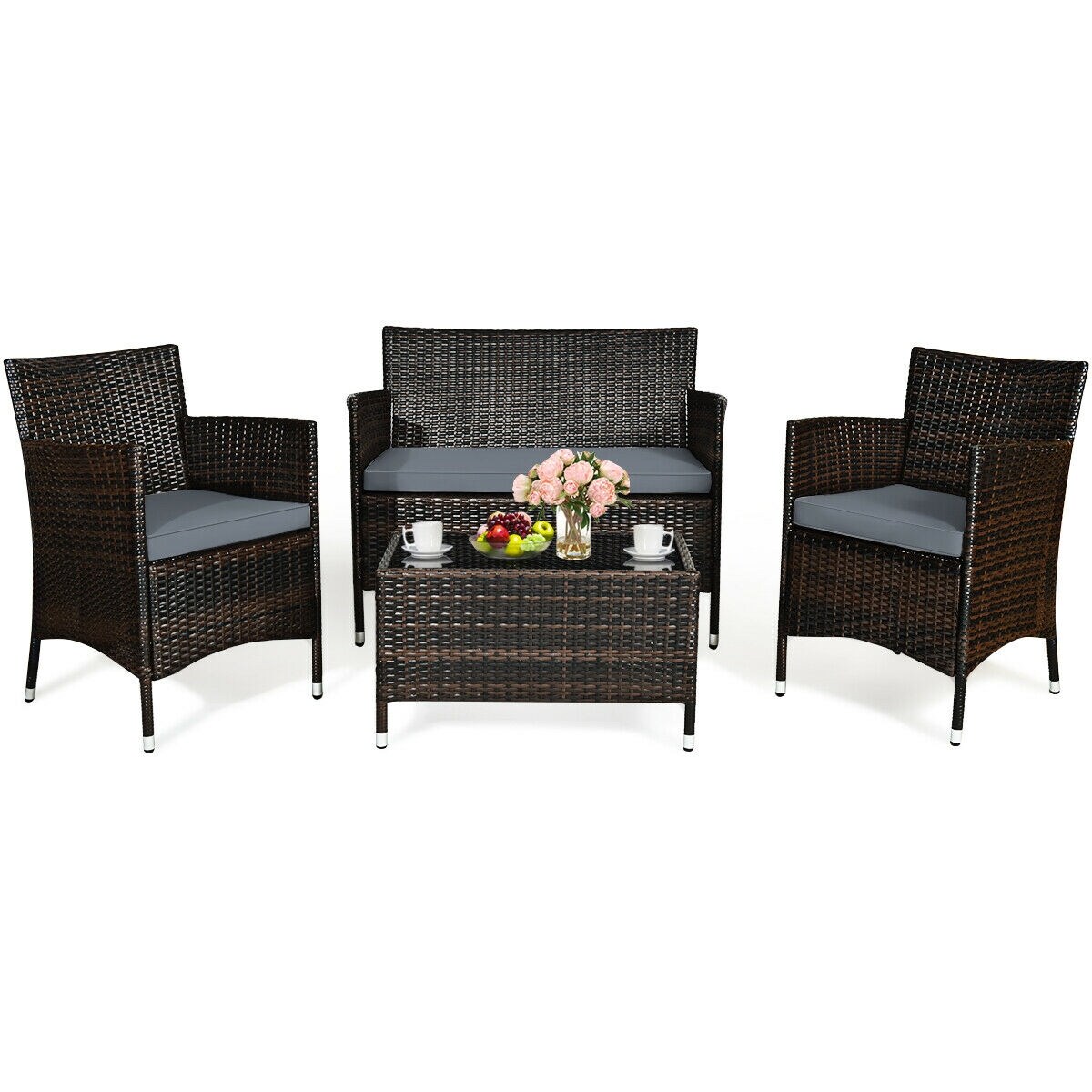 4 Pieces Comfortable Outdoor Rattan Sofa Set With Glass Coffee Table