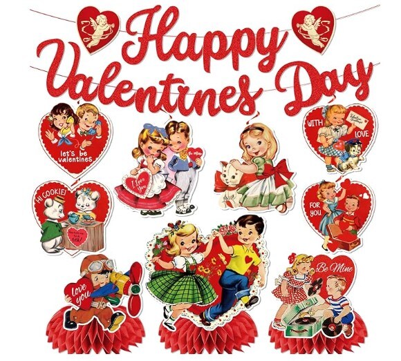 Valentine&#x27;s Day Banner Hanging Swirls Decorations, Vintage Valentine Decorations Valentine Honeycomb Centerpiece Vintage Wedding Anniversary Engagement Valentines Day Party Decorations