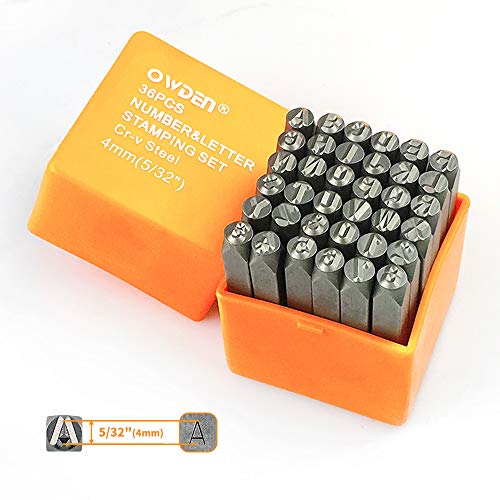 OWDEN Professional 36Pcs.Steel Metal Alphabet and Figure Punch Set (5/32&#x201D;) 4mm Uppercase,Steel Number and Letter Punch Set, Jewelry Craft Stamping Tool.