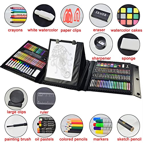 185 Pieces Double Sided Trifold Easel Art Set, Drawing Art Box with Oil Pastels, Crayons, Colored Pencils, Markers, Paint Brush, Watercolor Cakes, Sketch Pad