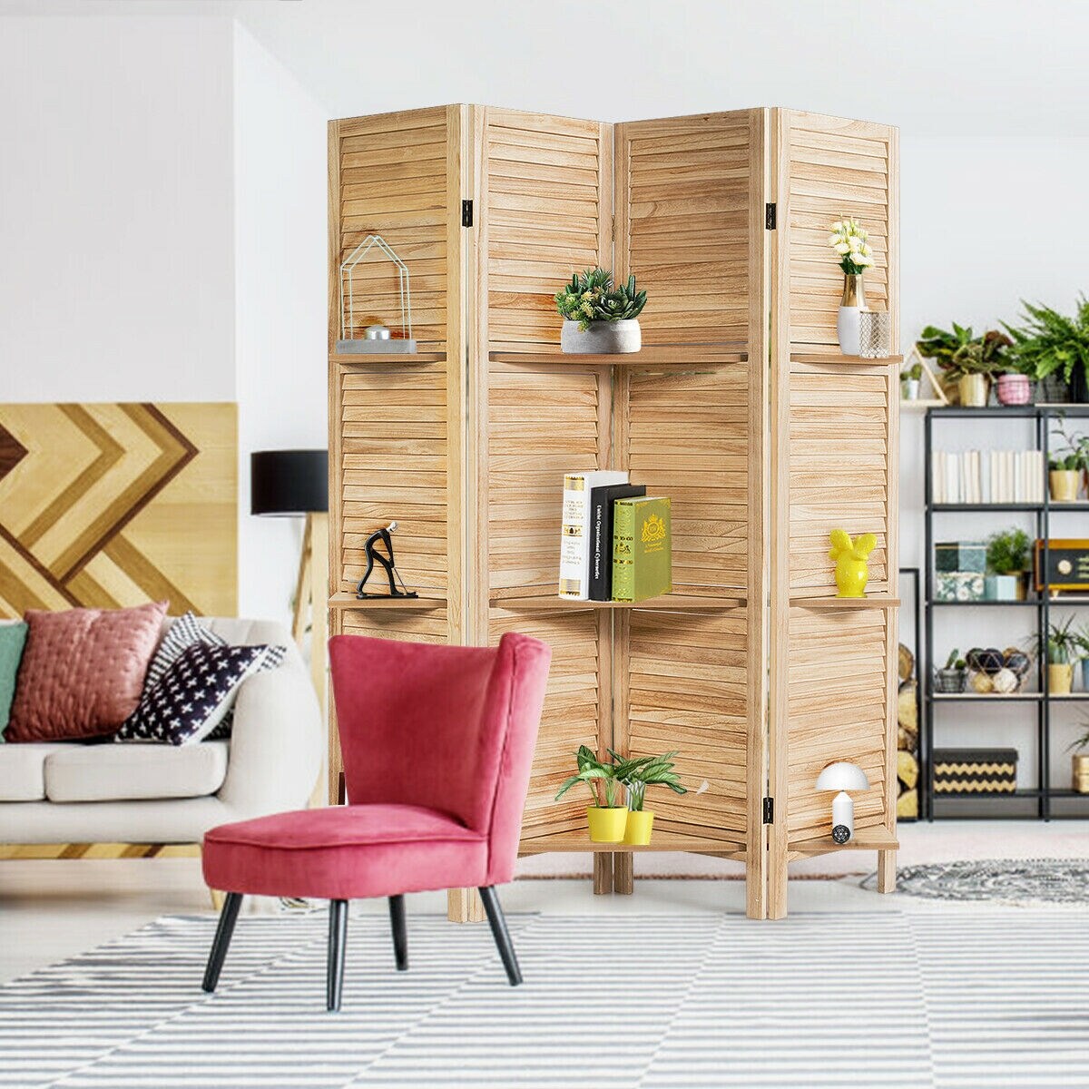 4 Panel Folding Room Divider Screen with 3 Display Shelves