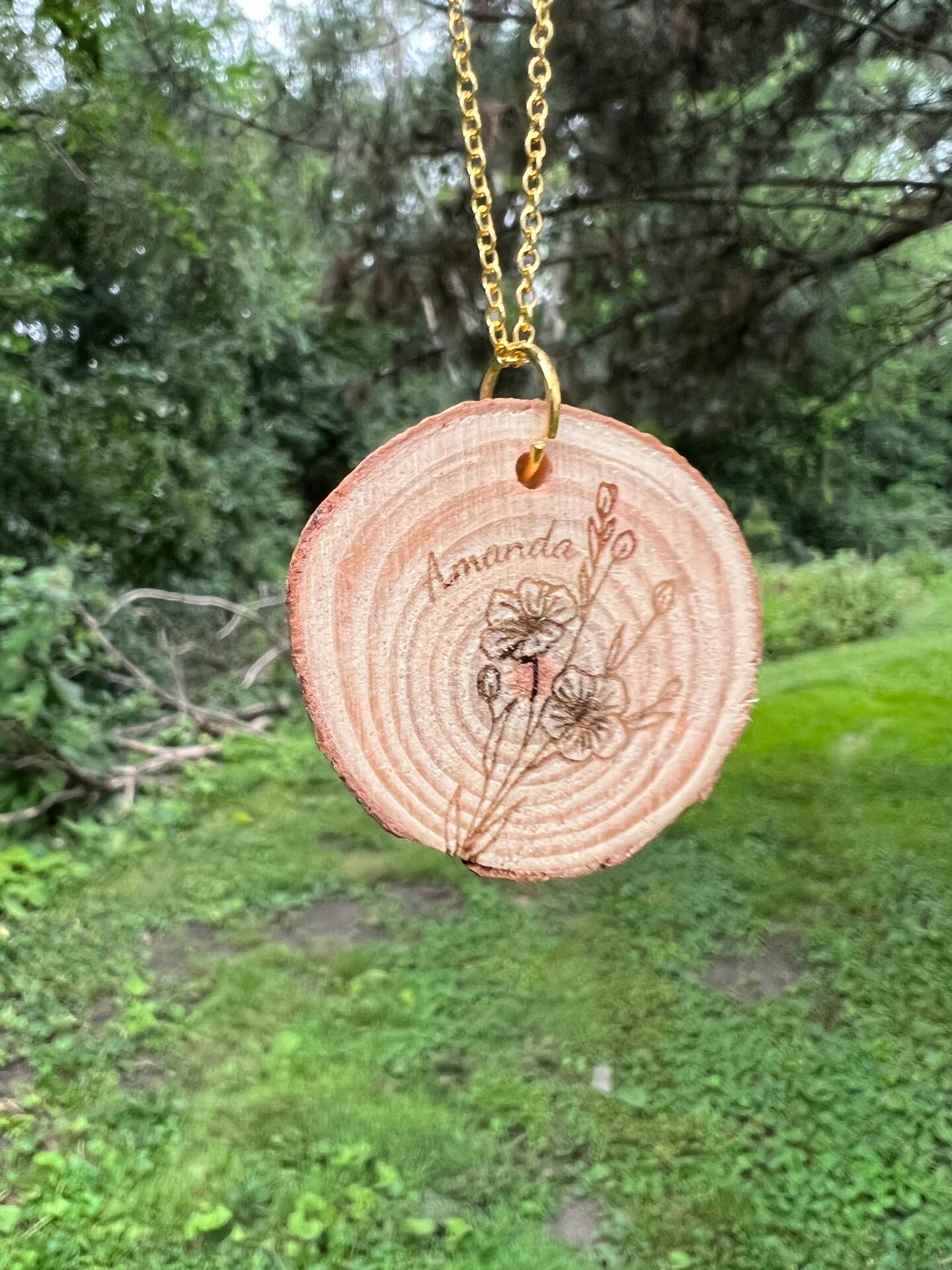 Engraved Wood Necklace Birth Flower Round Disc Circle Rustic Pendant Gold  Silver Personalized Custom Raw Edge MakerPlace by Michaels