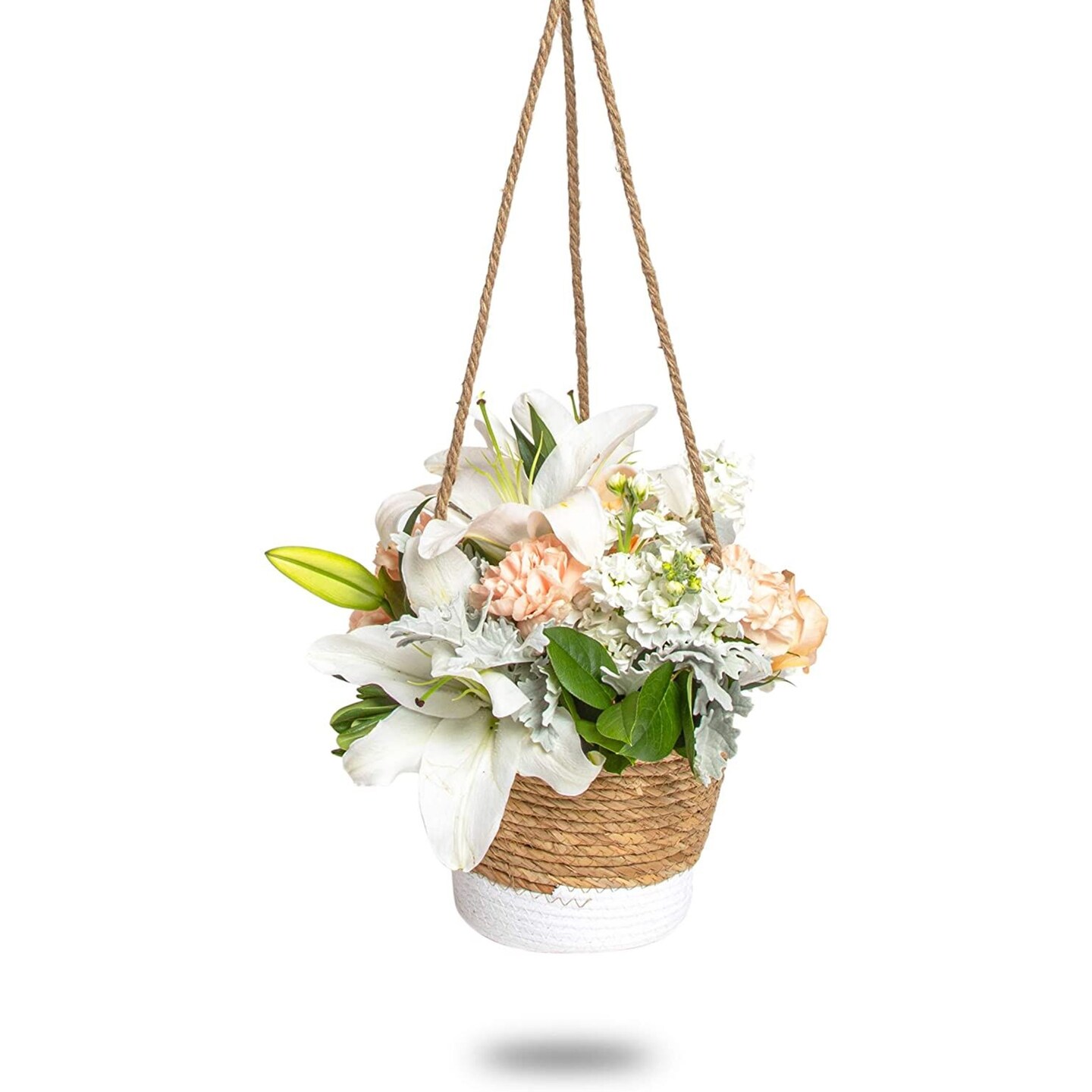 Rope Hanging Planter, Woven Ceiling Plant Basket Hanger Indoor Up to 7&#x22; Pot, Brown/White