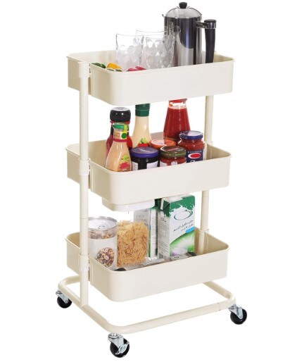 3-tier metal rolling cart, utility cart, kitchen cart with adjustable shelves, storage trolley with two brakes, easy assembly, for kitchen, office, bathroom, beige.