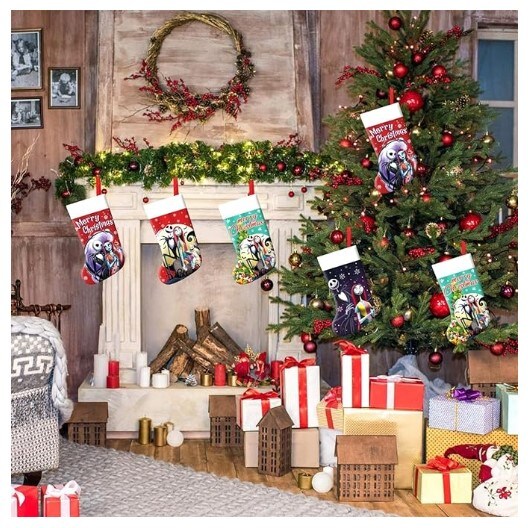 Set of 4 Cartoon Christmas Stockings, 7.5" Big Xmas Stockings Decoration - Christmas Tree with Snowflake Pattern Green Stocking Sets for Home Decor Stairs Fireplace Hanging 4PCS