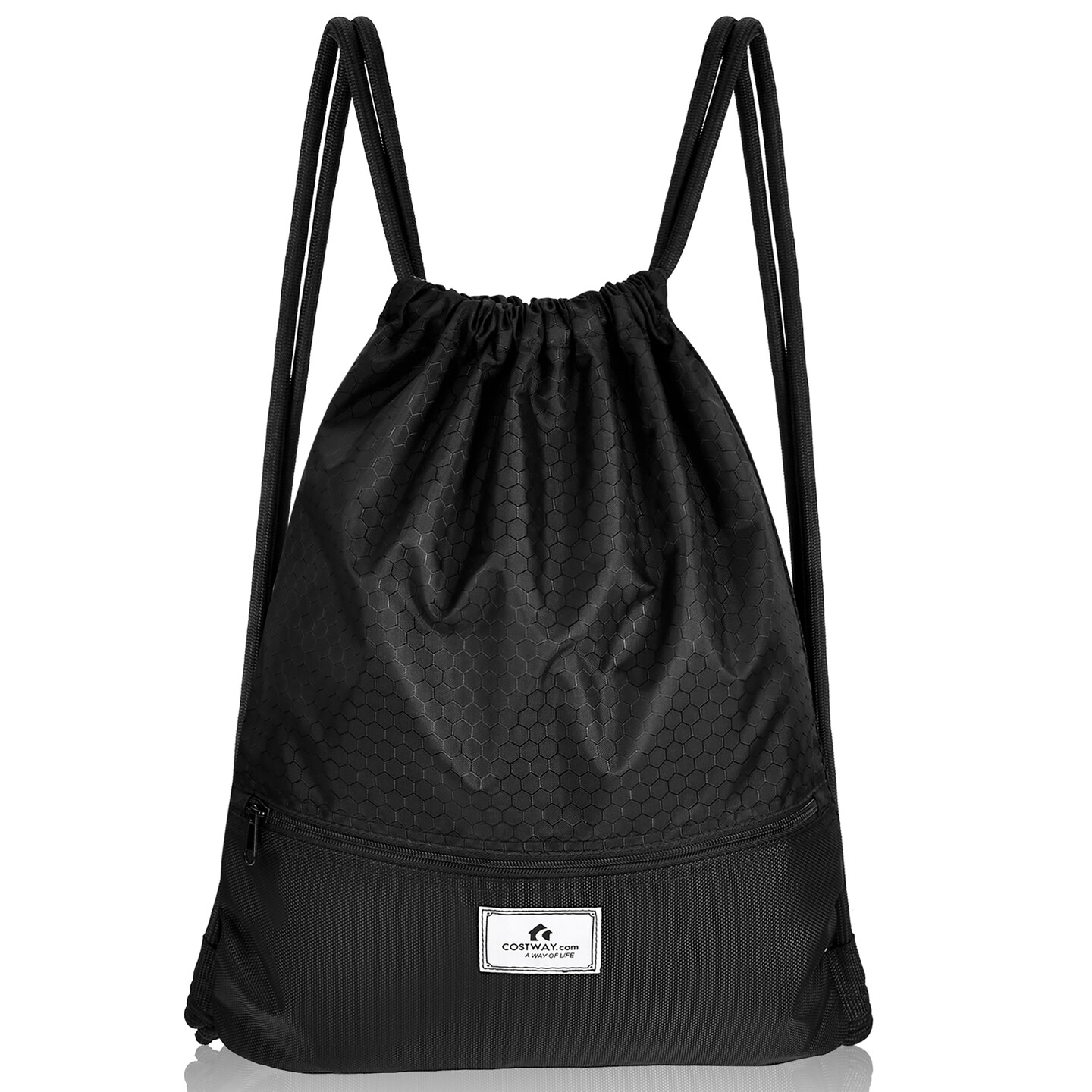 Costway Drawstring Backpack String Bag Folding Sports Sack w/Zipper Pocket Black\Blue\Green\Pink