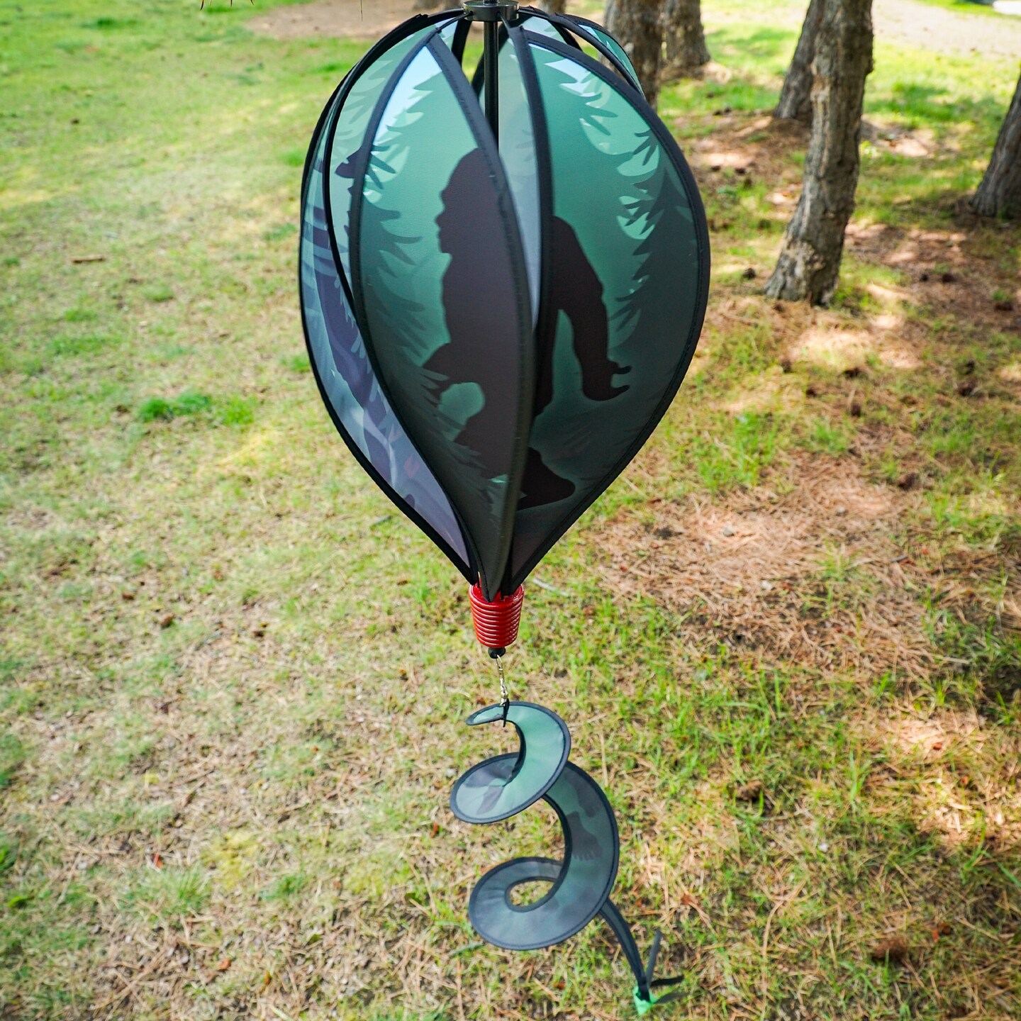 In the Breeze 0975 — Sasquatch 6-Panel Hot Air Balloon — Bigfoot Wind Spinner with Tail for Yards and Gardens