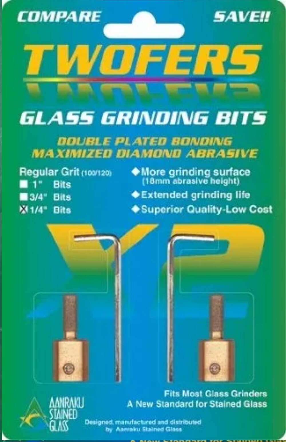 1/4" Aanraku Twofers 2 bit set - Stained Glass Grinder Bits 100/120 Regular Grit