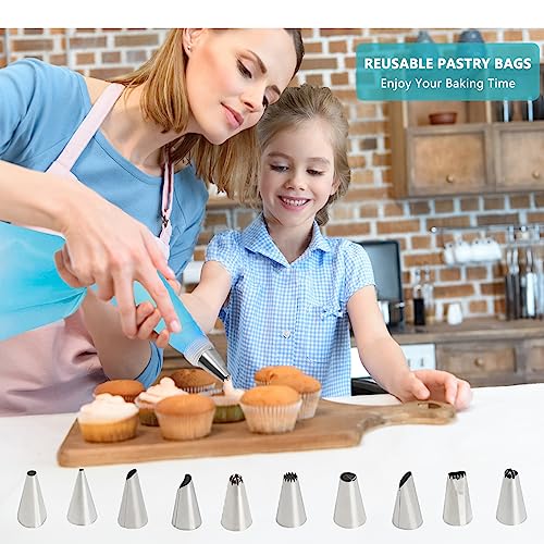 Piping Bags and Tips Set, Reusable Cake Decorating Supplies with 2 Reusable Bags, 12 Icing Tips, 2 Silicone Rings, 2 Couplers and 3 Scrapers, Cake Baking Tools for Cookie Icing Cakes Cupcakes