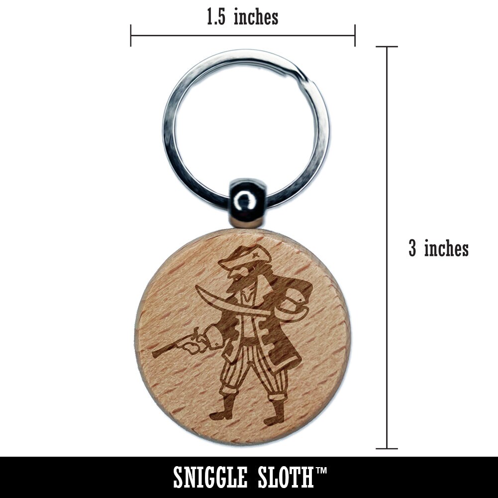 Pirate Cutlass Flintlock Pistol Engraved Wood Round Keychain Tag Charm