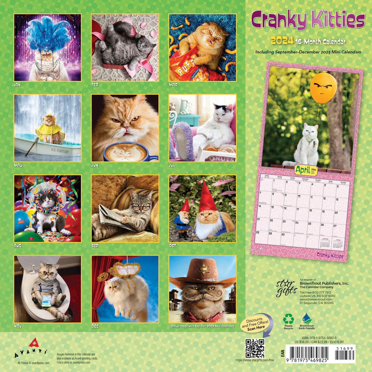 Avanti Cranky Kitties | 2024 12 x 24 Inch Monthly Square Wall Calendar |  Sticker Sheet | StarGifts | Angry Cat Humor | Michaels