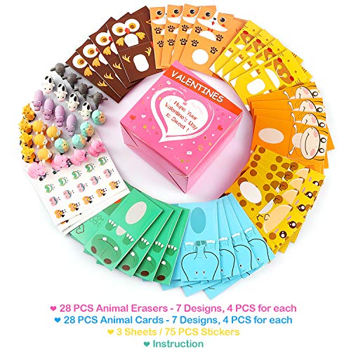 GLOCITI Valentines Day Cards for Kids 28 Pack 3D Animal Box with Puzzle Erasers - Perfect DIY Valentines Cards for Classroom School Games &#x26; Valentine Party Favors for Kids