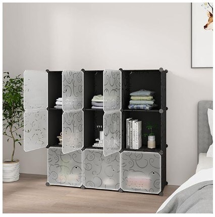 9 DIY Plastic Closet Organiser Cabinet, Modular Bookcase Storage Shelves, Cube Storage Organiser with Doors for Office, Livingroom, Black
