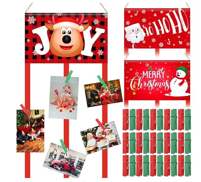 Christmas Wooden Hanging Picture Holders Xmas Card Display with 60 Photo Clips for Christmas Holiday Wall Door Window 3 Pcs Rustic Home Decoration
