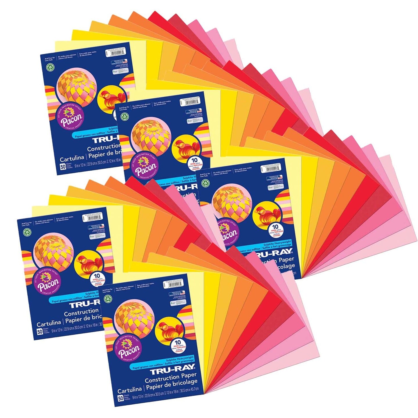 Construction Paper, Warm Assorted, 9&#x22; x 12&#x22;, 50 Sheets Per Pack, 5 Packs
