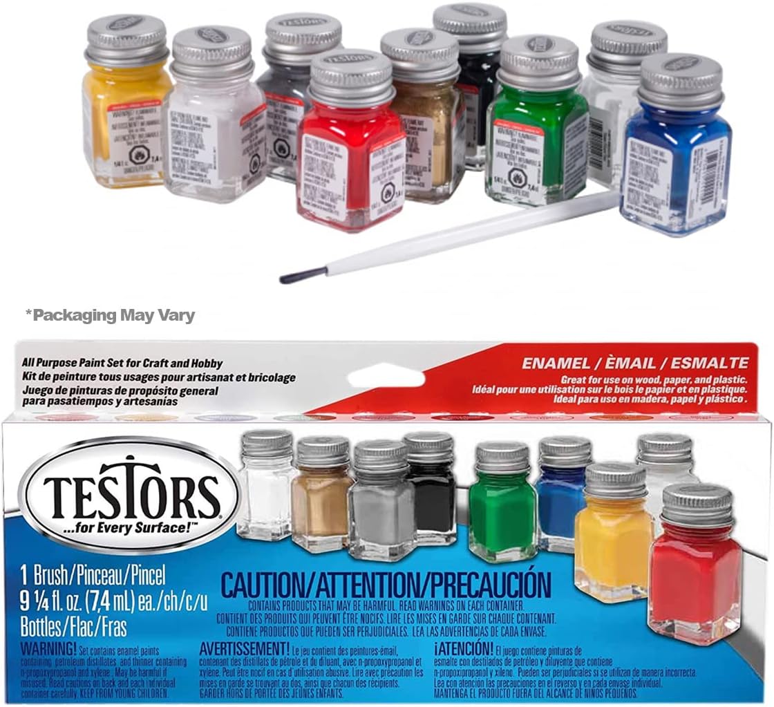 Testors Model Paint Enamel Paint Set 9146XT, Testors Cement Plastic Model Glue Adhesive, 6 Fine Detail Miniatures Paint Brushes, Precision Crafting Knife with Extra Blades and Tips