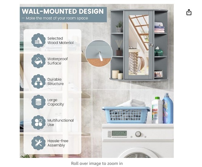 Storage Organizer with Mirror Door, Adjustable Shelves &#x26; 6 Open Racks, Space-Saving Hanging Medicine Cabinet for Living Room Kitchen Entryway (Gray)