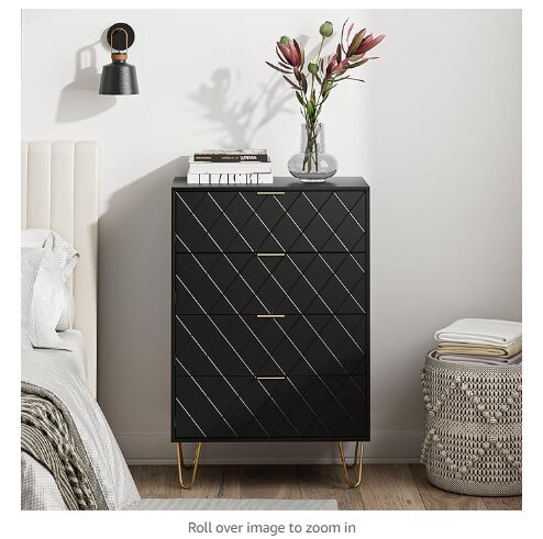 Black diamond drawer dresser for bedroom, living room, closet, and hallway; tall storage dresser chest cabinet organizer unit with metal legs
