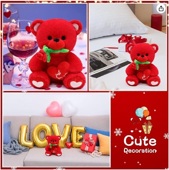 Cute Red Teddy Bear Plush Toy, Stuffed Teddy Bear with Rose Plush Teddy Bear for Kids Birthday Girlfriend Valentine's Day Gifts