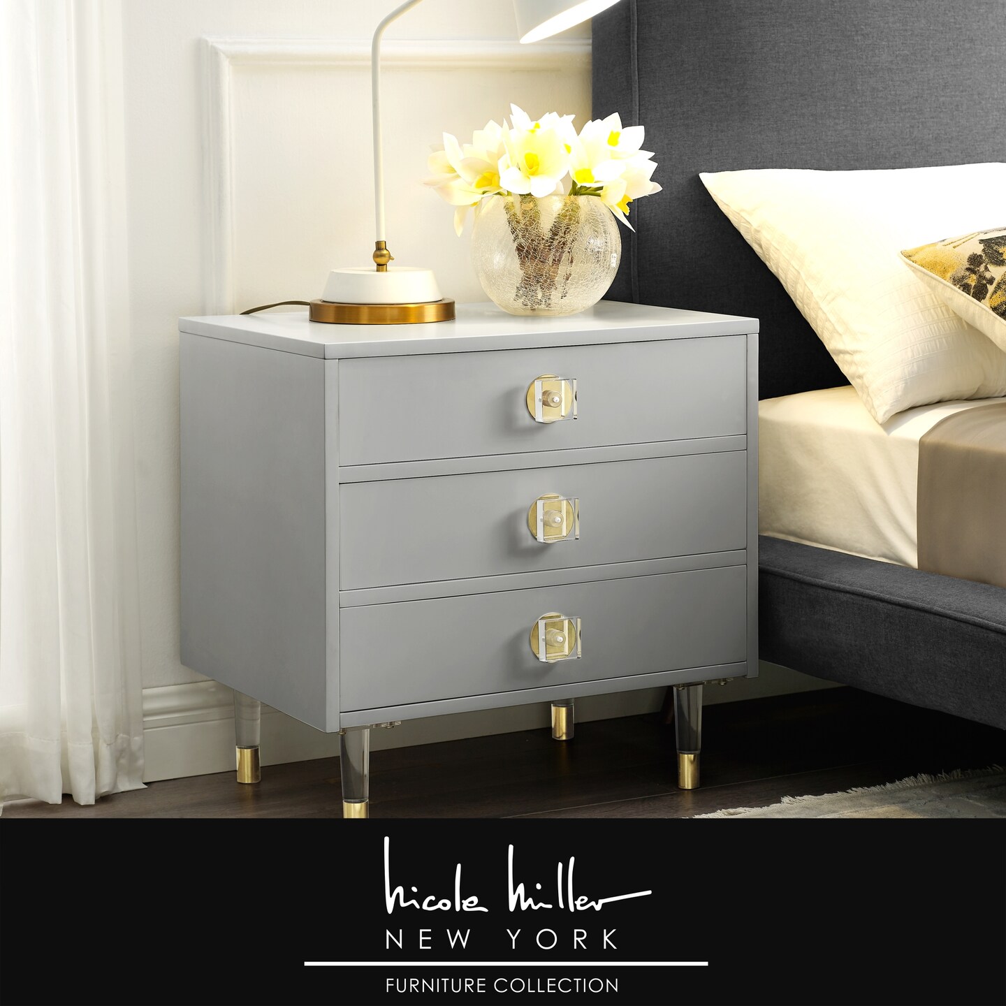 Telono High Gloss 3-Drawer Acrylic Knob/Leg Accent/Side Table Nightstand