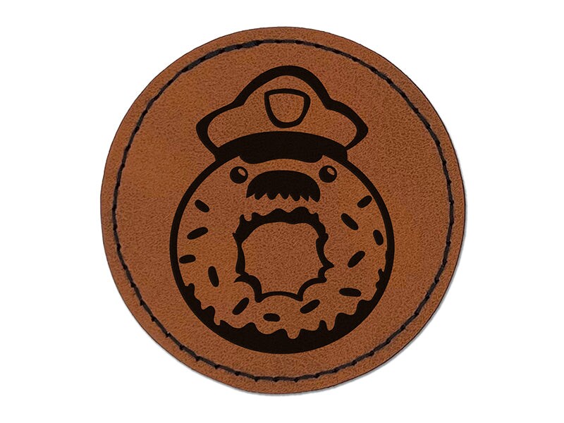 Police Officer Donut Round Iron-On Engraved Faux Leather Patch Applique - 2.5&#x22;