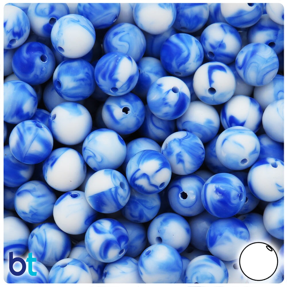 BeadTin Blue Marbled 12mm Round Plastic Craft Beads (75pcs)