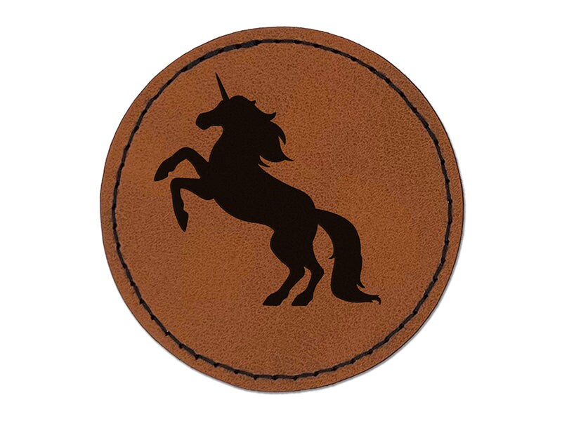 Majestic Unicorn Rearing Up Round Iron-On Engraved Faux Leather Patch Applique - 2.5&#x22;