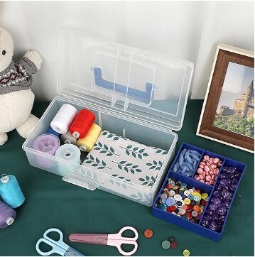 Clear Multipurpose Stationery Storage Box with Handle Plastic Storage Box with Removable Tray (Blue) Handy Sewing Box Art Craft Supply Organizer Home Utility Box