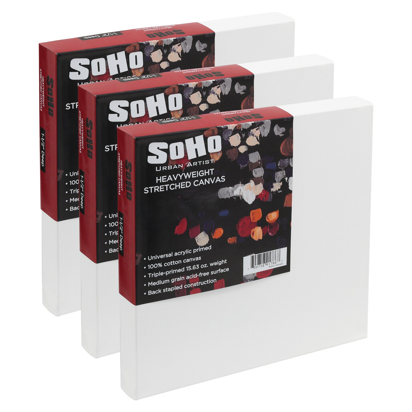 SoHo Urban Artist, 10x10&#x22; Heavyweight Stretched Cotton Canvas for Painting - 1.5&#x22; Deep- 3 Pack, Triple Primed, 100% Cotton, Acid-Free, Archival, Universal Primed for Oil, Acrylic, Alkyd, Mixed Media