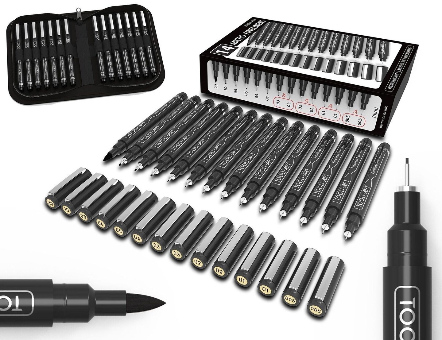 14Set Micro-Line Pens with Case and Black Fineliner