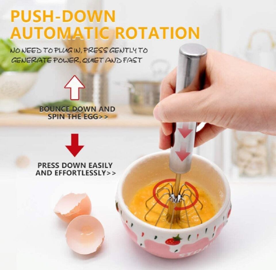 Semi-automatic stainless steel egg whisk, Effortless blending with a hand push design.
