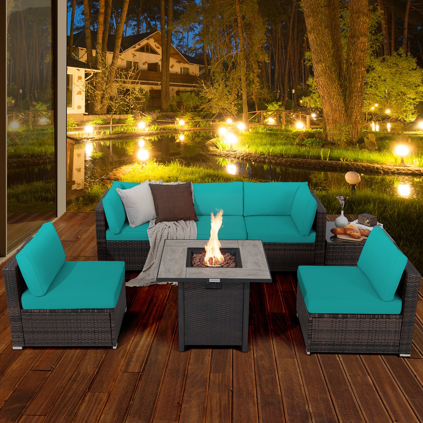 Costway 7PCS Patio Rattan Furniture Set 30'' Fire Pit Table Cover Cushion Sofa Off White\Black\Navy\Red\Turquoise